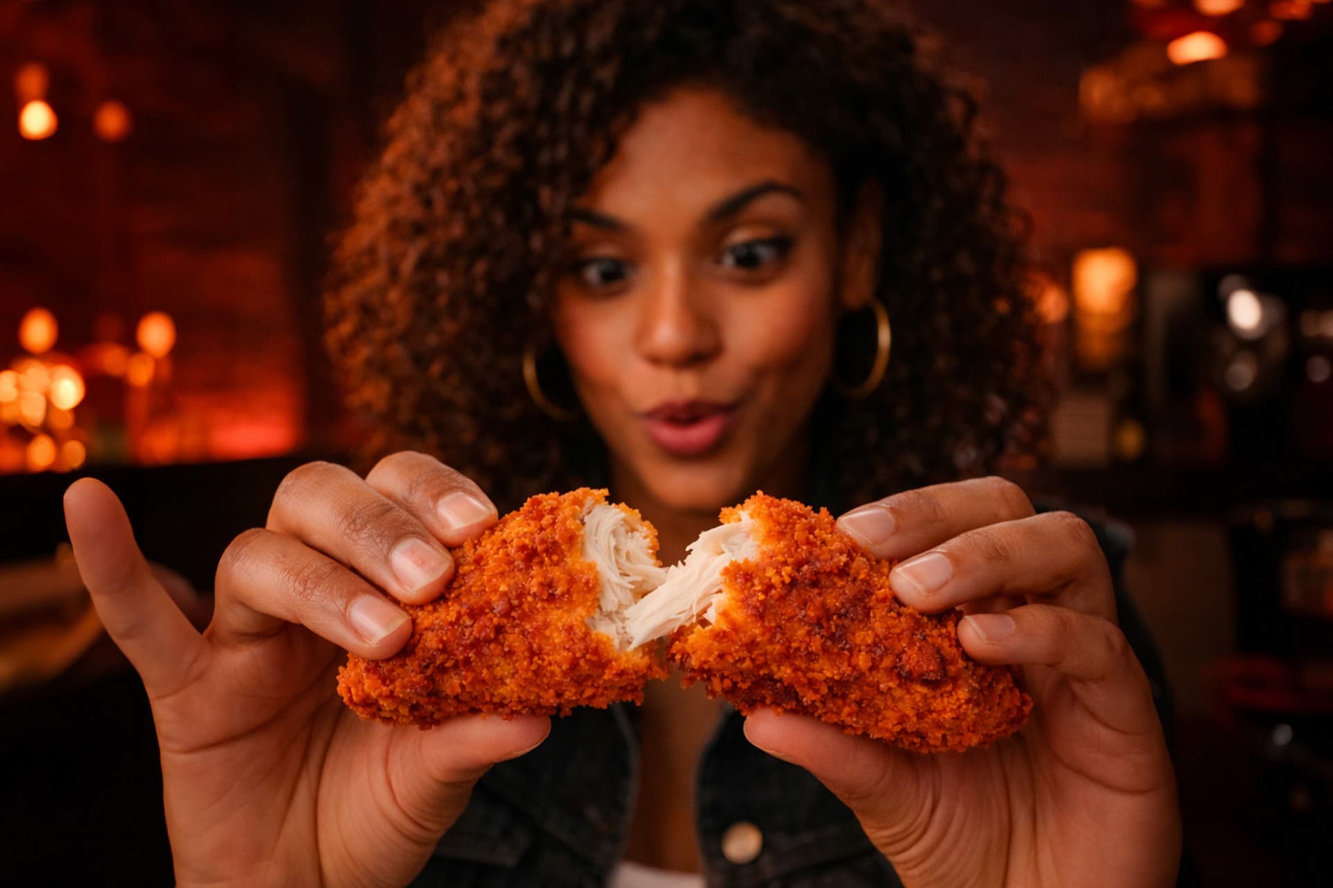 A guest pulling apart a juicy hot chicken tender